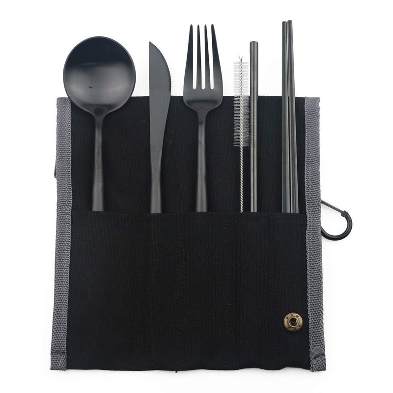 JANKNG Portable 6 Pieces Flatware Set, 304 Stainless Steel Knife, Fork, Spoon, Chopsticks, Metal Straw, Cleaning Brush, Durable Travel Cutlery Set, Black Pouch Bag, Black - Image 1